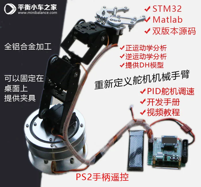 

Multi DOF Manipulator; Mechanical Claw; Robot Arm; Platform Package; PS2 Control; Kinematics Analysis; PID