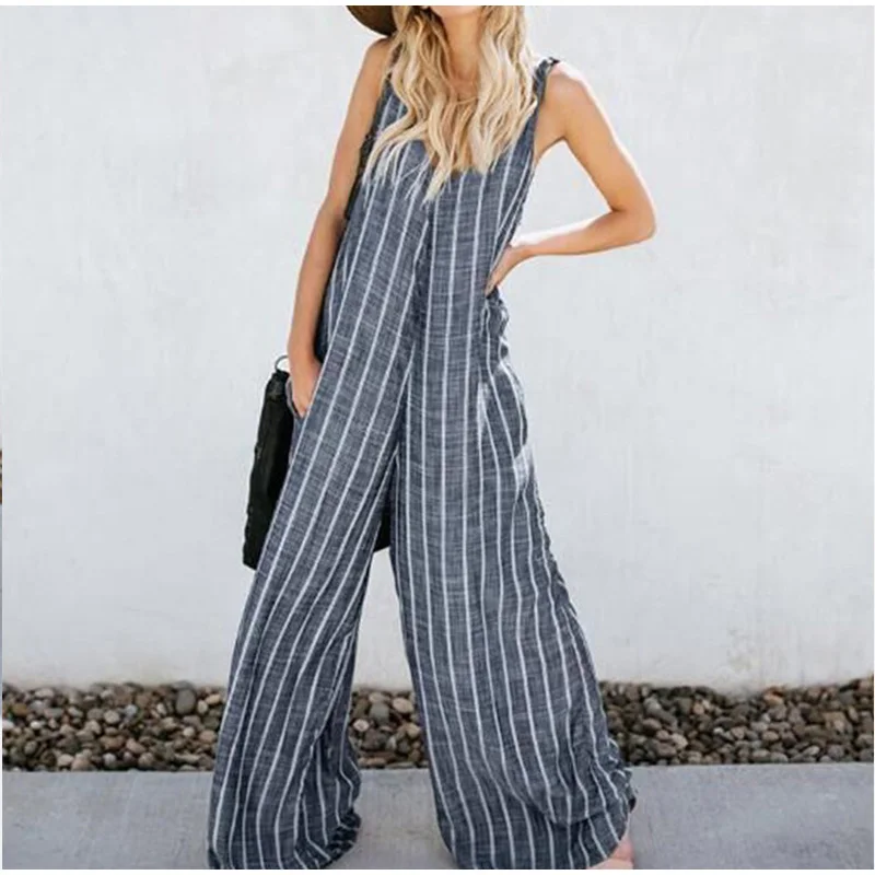 Oversized Women's Striped Cotton Loose Jumpsuit OL Work Wide Leg Sleeveless Romper Womens Plus Size Summer Casual Overalls