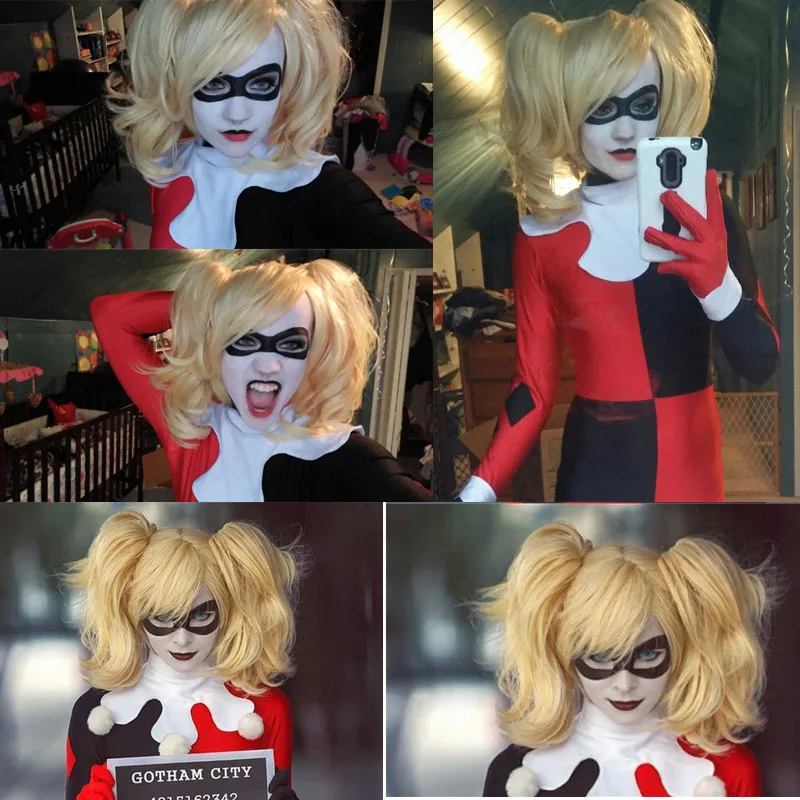 Cosplay&ware Squad Harley Quinn Cosplay Wig Peluca Styled Blonde Clip Ponytails Heat Resistant Synthetic Hair Wigs Cap -Outlet Maid Outfit Store