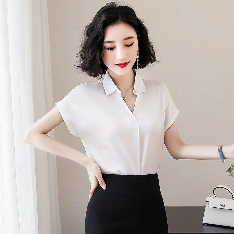 Korean Fashion Silk Women Blouses Satin Solid Short Sleeve Pink Women Shirts Plus Size XXXL Womens Tops and Blouses - 33021402613