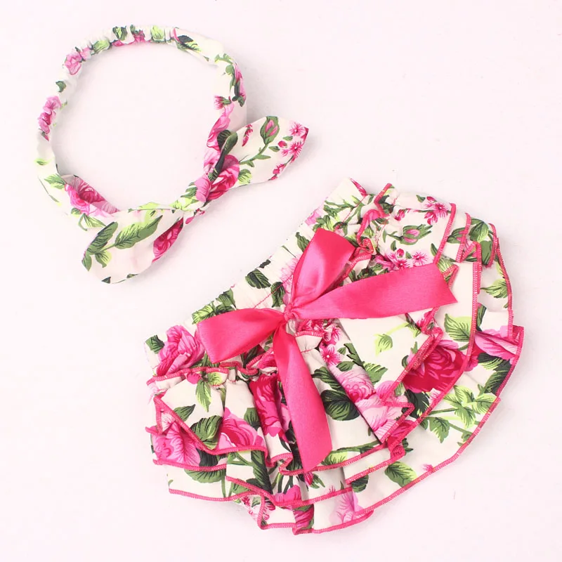 

Floral Bow Baby Girl Bloomer with Headband Set Tutu Ruffled Panties Infant Shorts Culottes bebe Newborn Photo Props Culottes