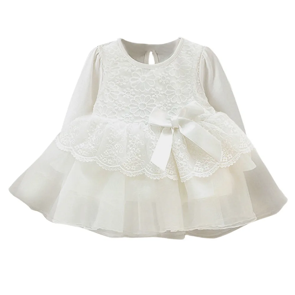 

Cute bow sweet lace princess dress winter solid color princess Girls Long Sleeve Floral Striped Dress Outfit Clothes Dress F4