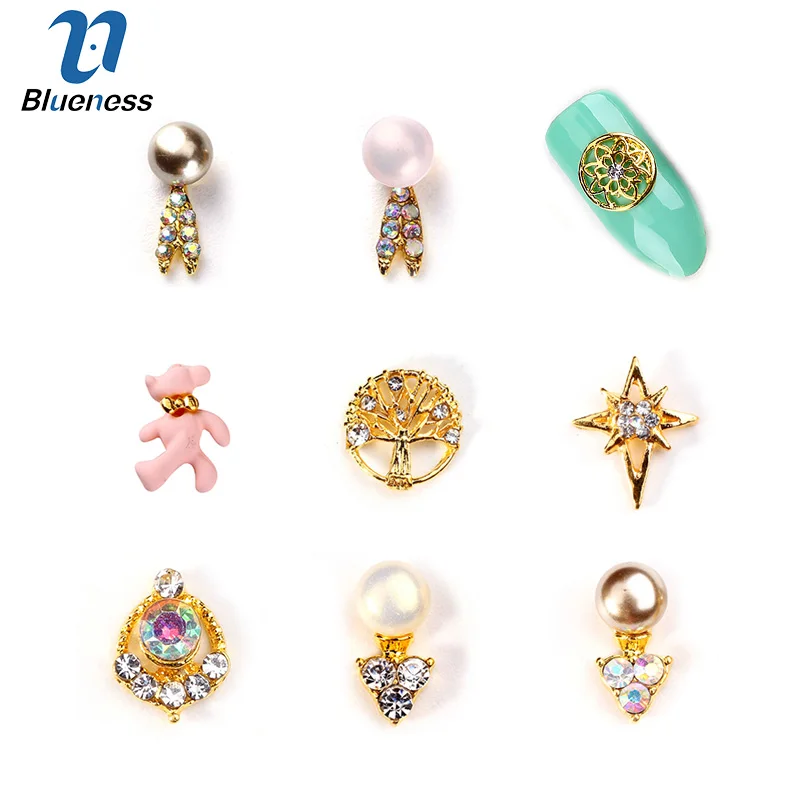 

10Pcs/Pack 3D Metal Colorful Pearl Tree Bear Designs Alloy Studs Nails Art Decorations Rhinestones For Manicure