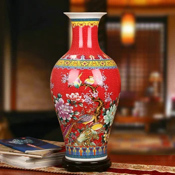 

Jingdezhen Porcelain vase Enamel Porcelain Chinese Red Peony Phoenix Flower And Bird Vase Modern Home Decoration ceramic vase