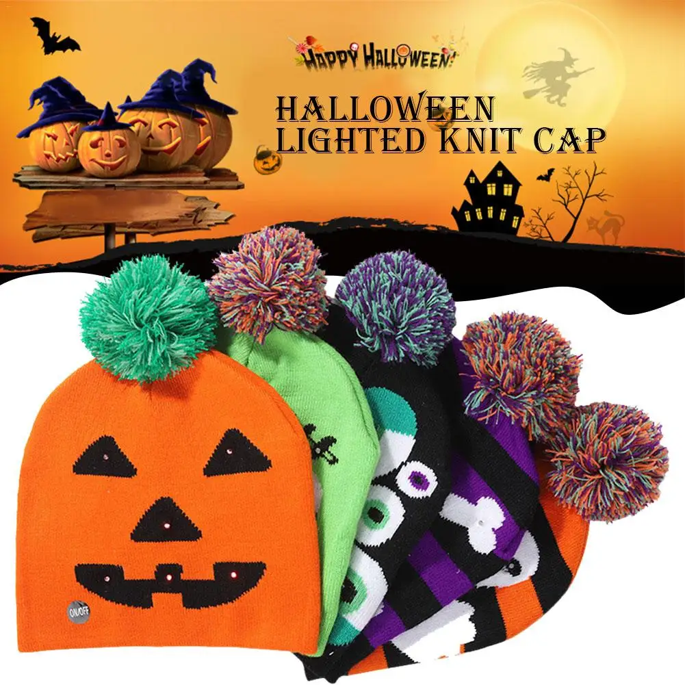 

2019 New Halloween Shiny Knit Hat Children's Adult Hat Party Supplies Pumpkin Ghost With Light Cap Led Hat Halloween Decor