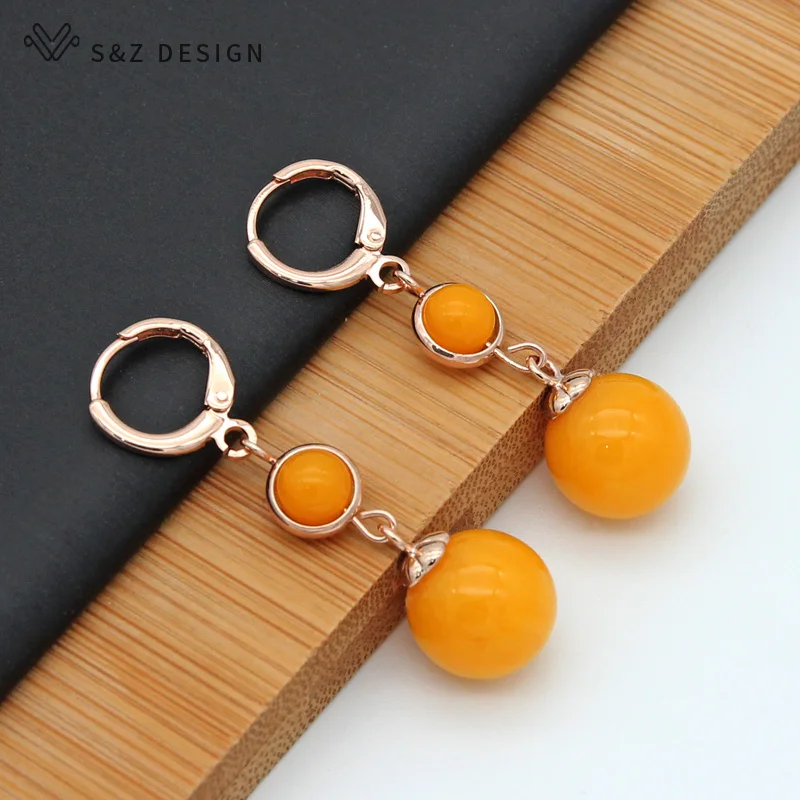 S&Z DESIGN New Round Simulated Beeswax Long Dangle Earrings Trendy 585 Rose Gold Color Eardrop For Women Wedding Party Jewelry