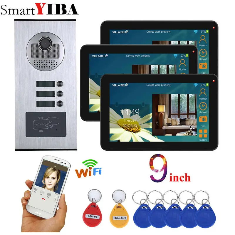 SmartYIBA 3 единицы квартиры приложение дистанционное управление 9 дюймов монитор Wifi беспроводной видео дверной звонок Домофон RFID камера система