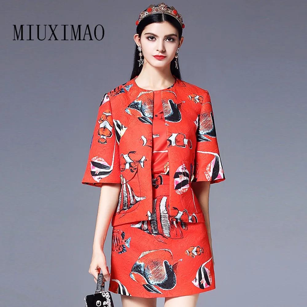 

2018 Spring New Arrival Three Two Piece Suits Autumn Women's Sets O-Neck Full Sleeve Elegant Red Print Mini Skirt Suit Women