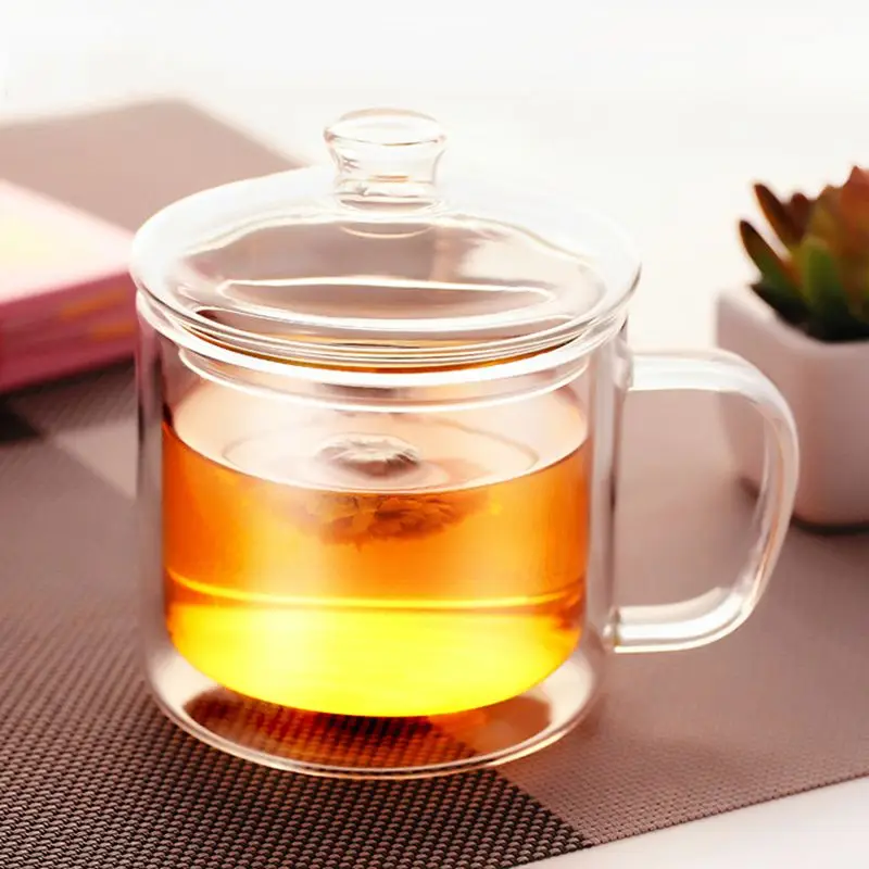 

(Free Shipping Around The World) With Cover Double Layer Glazing Glass Cup High Temperature Transparent Mug
