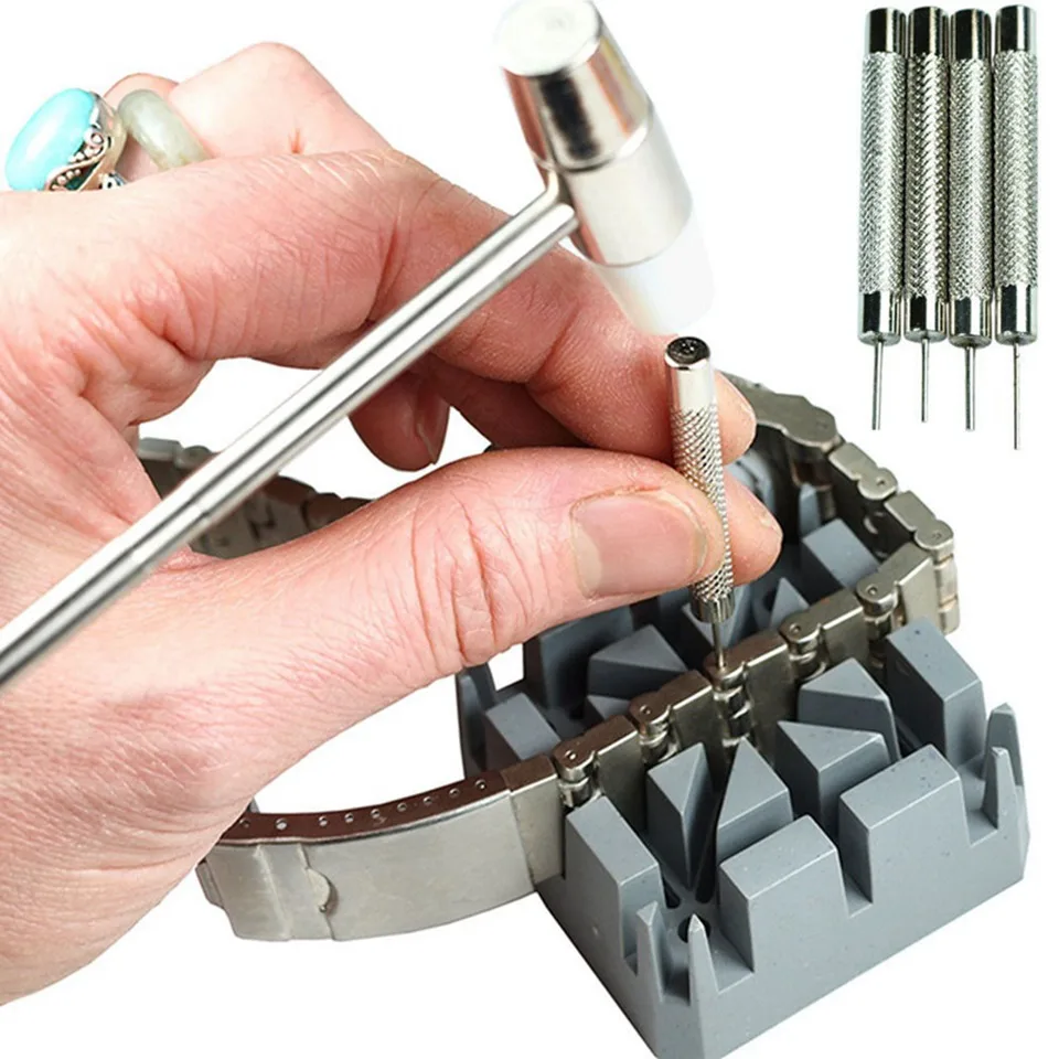 

High Quality 5 Pieces Watch Band Link Remover Repair Tool Kit Set Hammer Watch Band Holder 3 Punch Pins Watch Repair Tools Hot