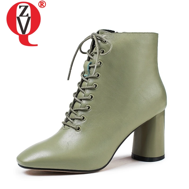 ZVQ Genuine Leather Green Booties Woman Shoes 7cm Heels Ladies Party Winter Plush Fashion Large