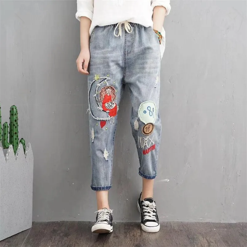 Оригинальный национальный ветер ретро печать Луны с вышивкой для девочек джинсы женщин эластичный пояс случайные свободные Гаремные