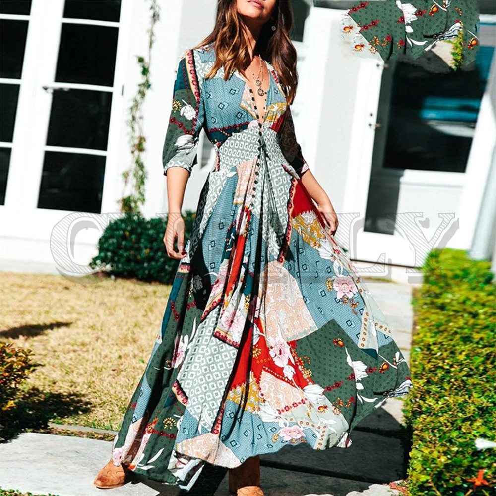 

CUERLY Boho floral print long plus size women dress V neck button split ruched dresses Summer casual beach female maxi vestidos