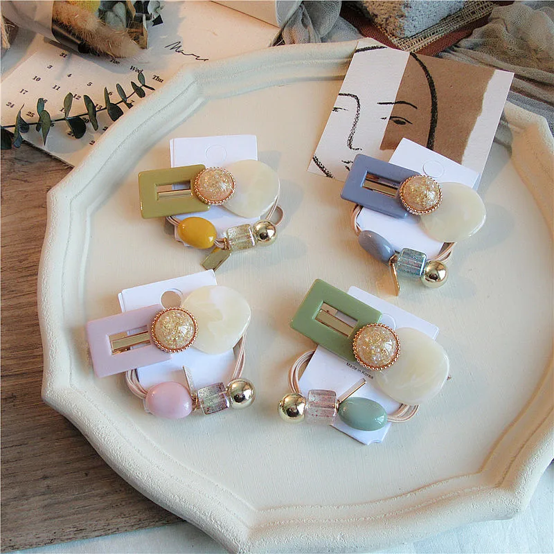 

Korea Fashion Temperament Macarons Color Geometric Duckbill Clip Hair Rope Set Girl Women Simple Exquisite Hair Accessories