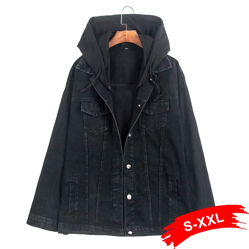 

Spring Women Boyfriend Oversized Black Jeans Jacket 2Xl Xxl Hooded Long Sleeve Casual Loose Denim Jackets Chaquetas Mujer