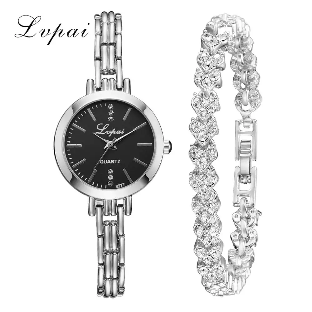Lvpai бренд класса люкс браслет и браслет часы набор для женщин Мода Дамская одежда кварцевые часы с коробкой Прямая поставка Новинка - Цвет: Silver Black