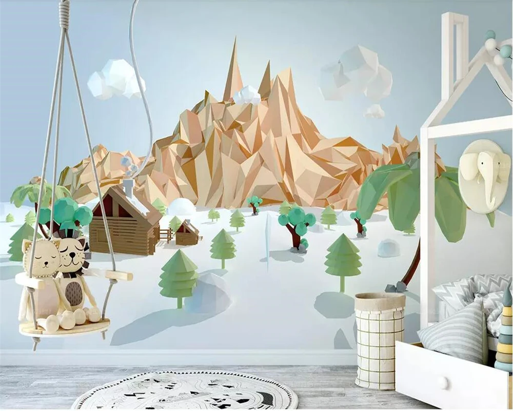 Us 8 85 41 Off Beibehang Mural Wallpaper Colored Polygon Low Face Hill White Clouds Small Tree Children Room Background Wall Mural 3d Wallpaper In