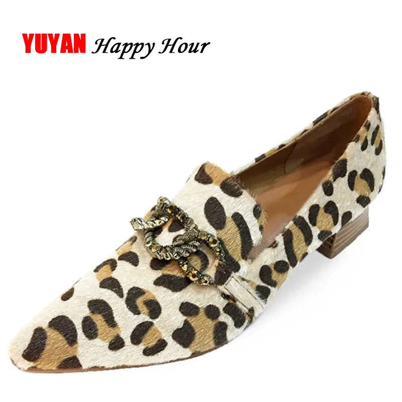 

New 2019 Fashion Brand Horsehair Shoes Women High Heels Leopard Pointed toe Women's Pumps Ladies Thick Heel 4cm ZH2629