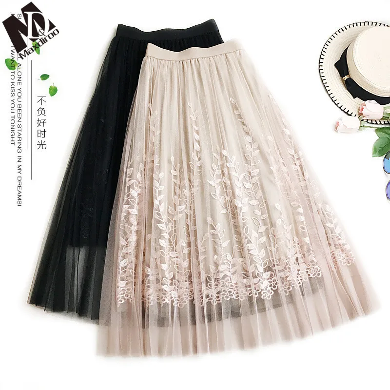 

Maxdiroo 2018 New Spring Summer Womens Skirts Summer Embroidery Flowers Skirts Knee-length Womens Skirt Mesh Tutu Skirt Women