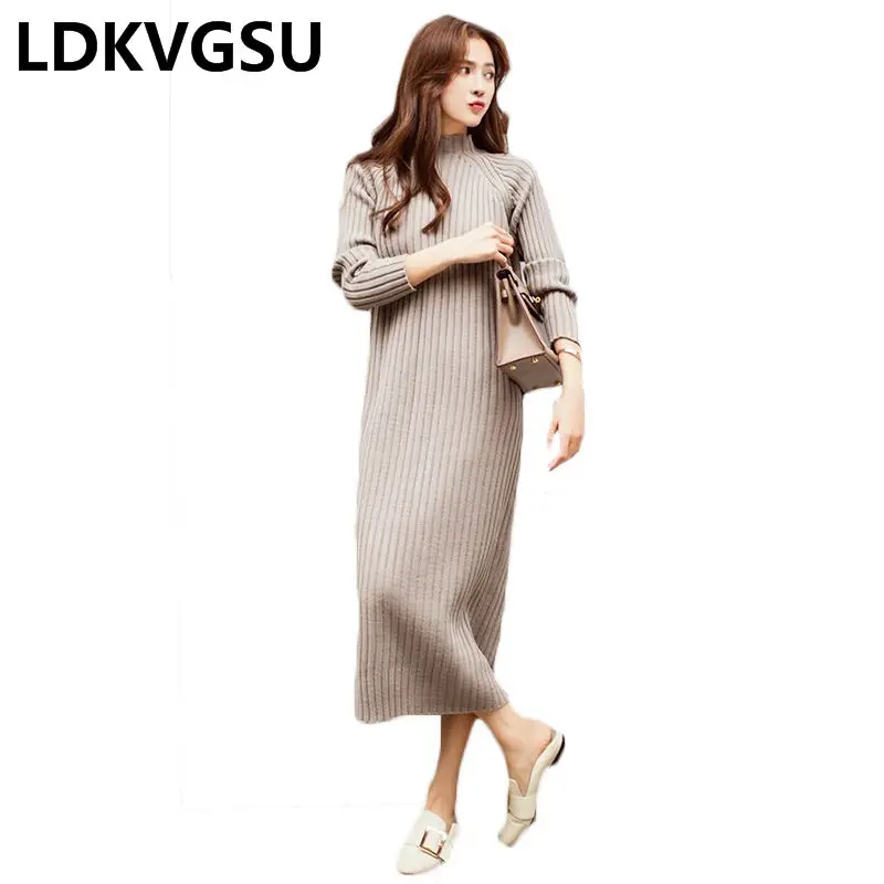

Korean Over Knee Long Sweater Dress Thicken Loose Pullover Sweater Female 2019 Spring Autumn Half High Collar Knit Dress Is1173