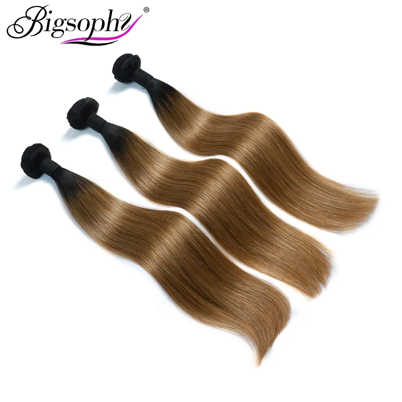 Bigsophy Hair Straight Peruvian Hair Weave Bundles 3pcs Human Hair Extensions Ombre Color 2 Tone 1B/27 Top Remy Hair