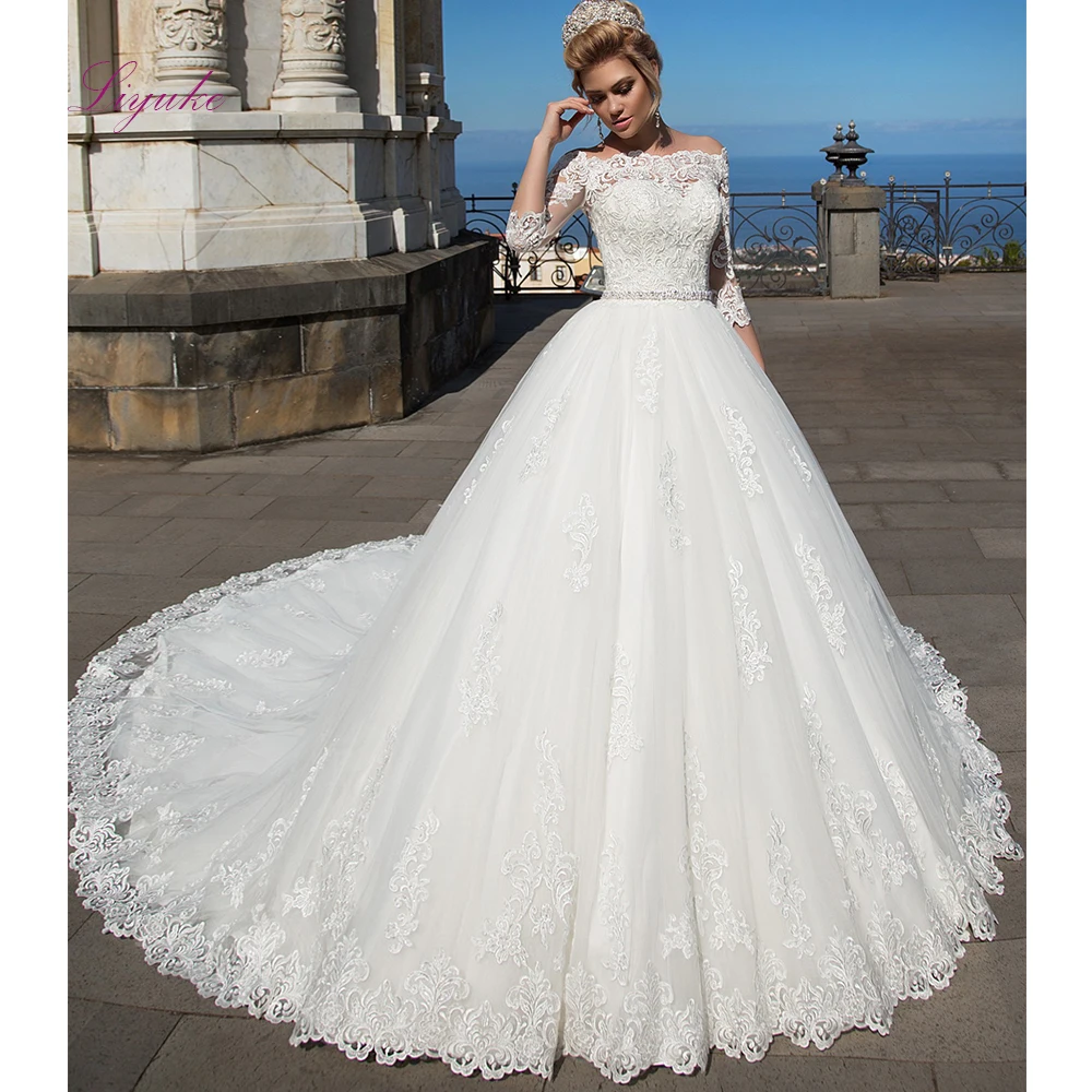 Liyuke замужнее бальное платье свадебное платье с кружевной аппликацией Обнаруживаемая лодочка шеи куртка индивидуальные элегантные свадебные