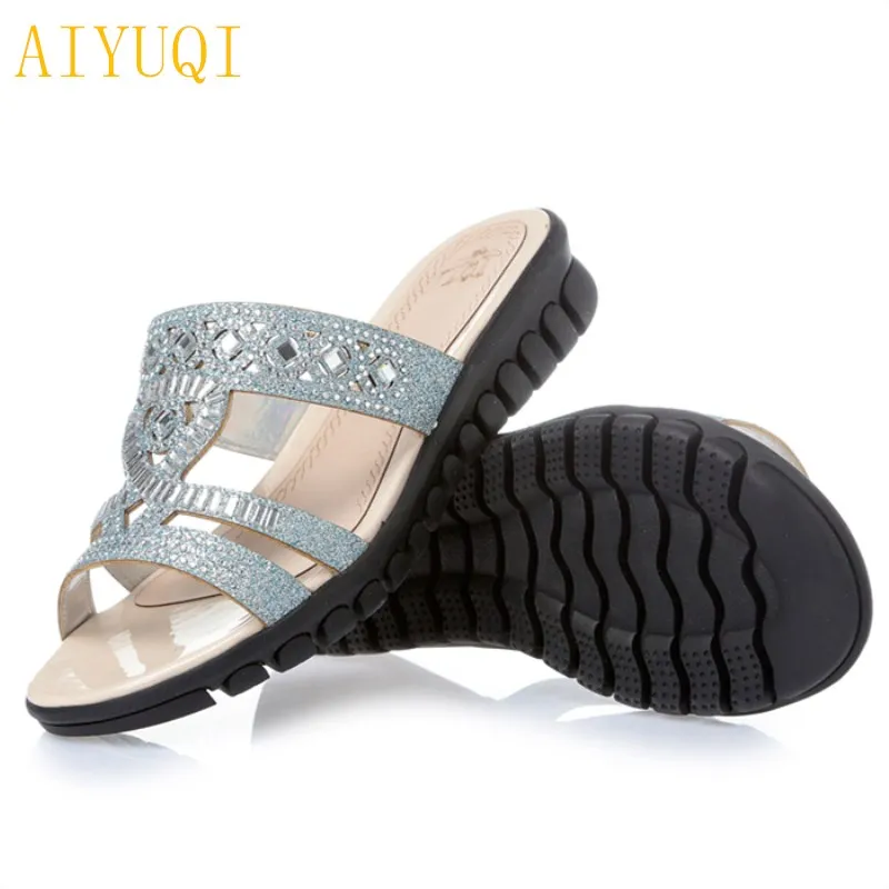 

AIYUQI Plus size 41#42#43# outer wear genuine leather women slippers 2018 summer slippers new casual flat shoes women's shoes