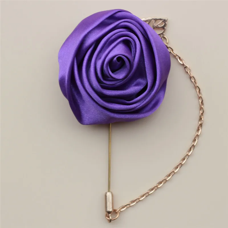 Выпускные золотые атласные бутоньерка роза с золотой цепочкой лист, Лучшие Мужчины Жених невесты цветы с булавкой для свадьбы выпускного вечера вечерние - Цвет: purple
