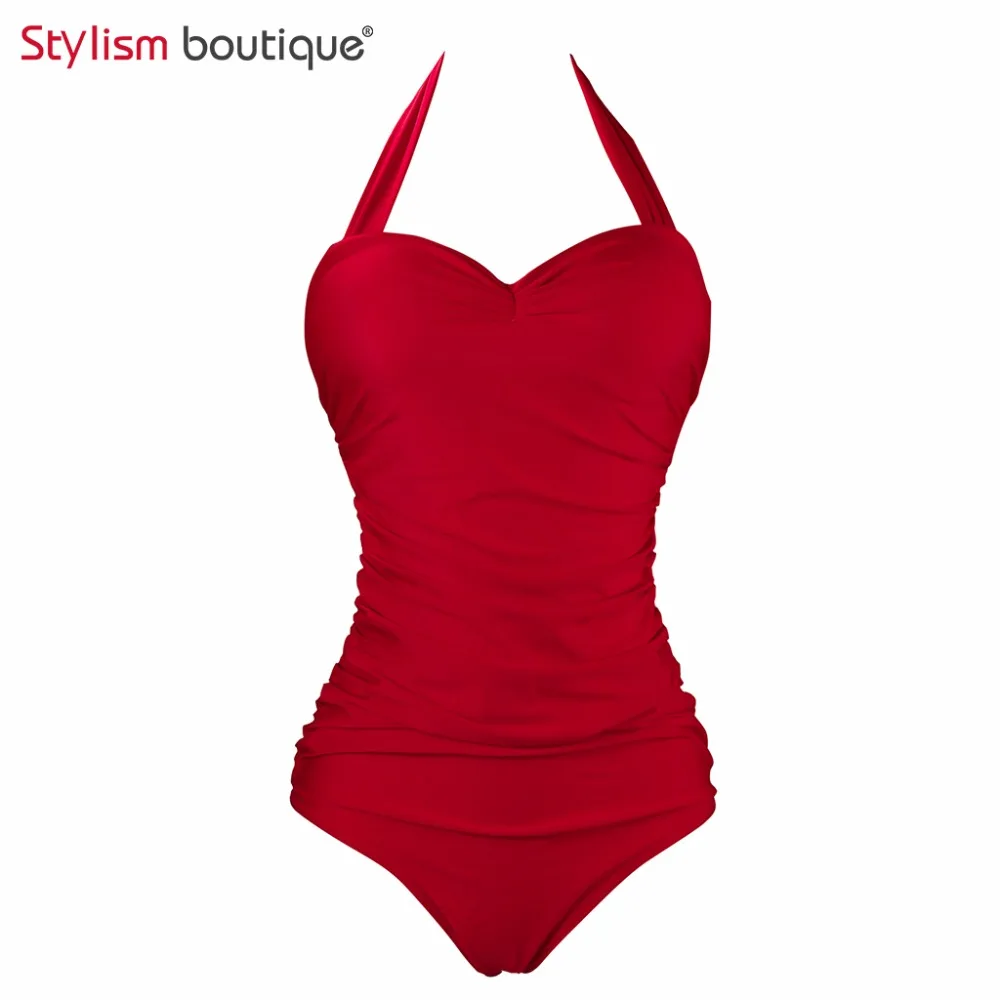 Classic Solid Red Swimsuit Summer Women Halter One Piece Bathing Suit ...