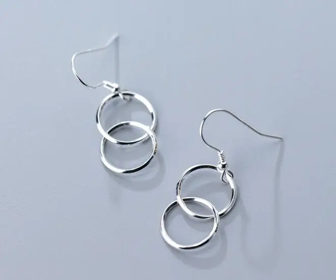 

Authentic Real 100% 925 Sterling Silver fine Jewelry interlocking double Lucky Circle Geometric hook Earrings dangle gtle2475