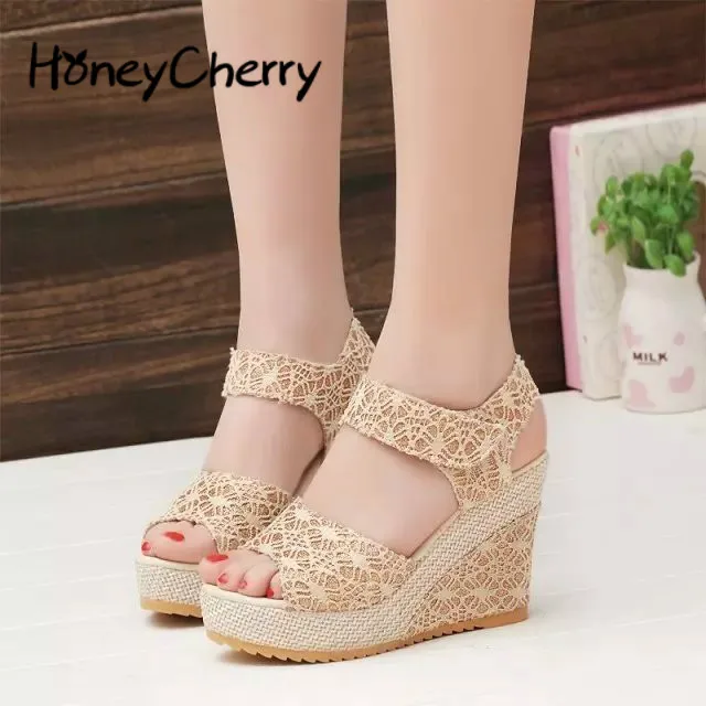 

2019 Korean Version Of Summer New Slope Heel Sandals, Thick-soled Muffin Shoes, Lace Hollow High-heeled Shoes Size35-40