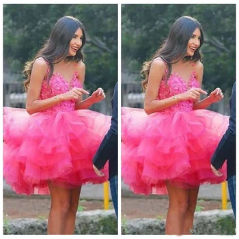 

2019 Fuchsia Short Cocktail Dresses Lace Appliques Sleeveless 3D Flower Tiered Ruffles Sweet 15 Dress Tulle Homecoming Dresses