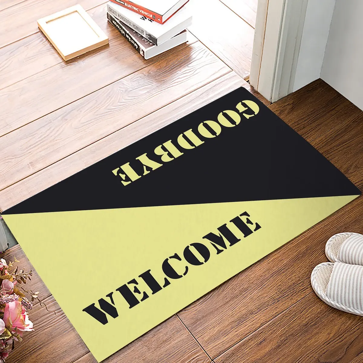 Yellow And Brown Symmetry Welcome Goodbye Greetings Door Mats