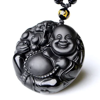 

O Natural black stone Smiling Buddha Pendant necklace