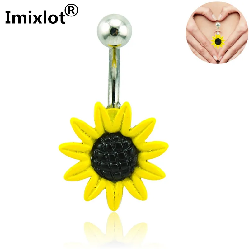 1 Piece White/Yellow Sunflower Flower Surgical Steel Belly Button Ring