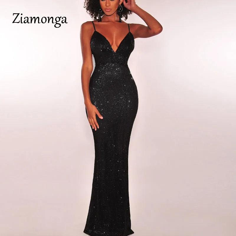 Ziamonga Summer Shiny Gold Sequined V Neck Maxi Dress Backless Maxi Dress Stretchy Backless Floor Length Formal Party Dress