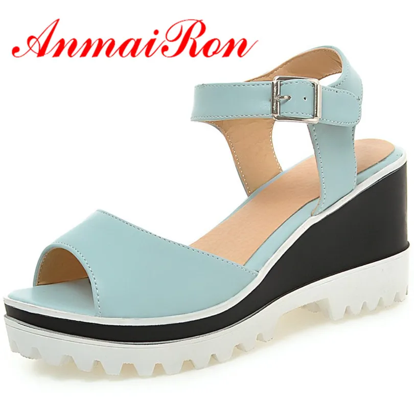

ANMAIRON Women Fashion Sandals Shoes 3 Colors Blue Wedges Ankle Strap High Heel New Wedges Platform Shoes for Women Size 34-43