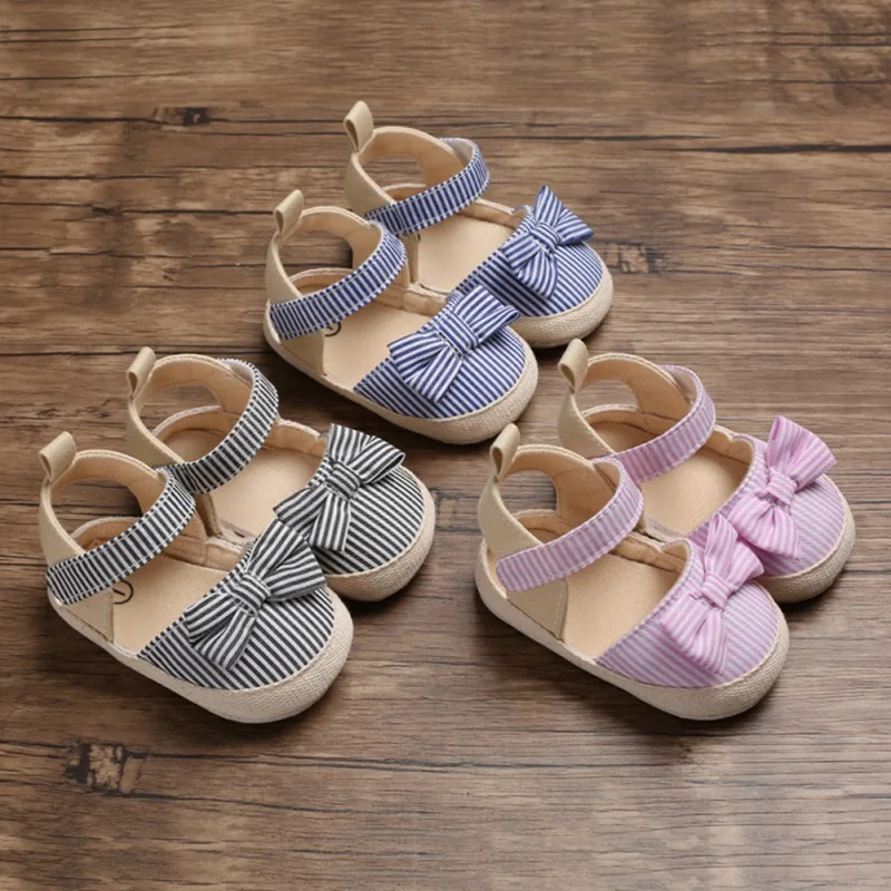 

Baby Girl Breathable Stripe Pattern Anti-Slip Shoes with Bowknot Casual Sneakers Toddler Soft Soled sandals