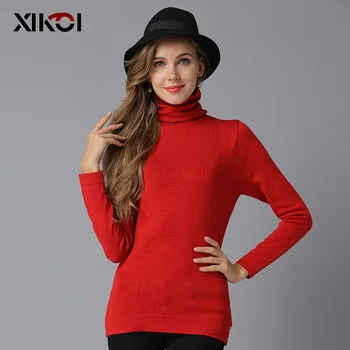 

XIKOI Women Red Turtleneck Long Sleevee Sweater Winter Autumn Warm Casual Solid Sweaters Pullovers Ladies Knit Soft Tops Jumper