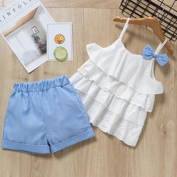 

Girl's Strapless Bow Decor White Layered Lace Shirt+Blue Loose Fit Shorts 2PCS Clothing Sets Casual Girls Summer Clothing Suits
