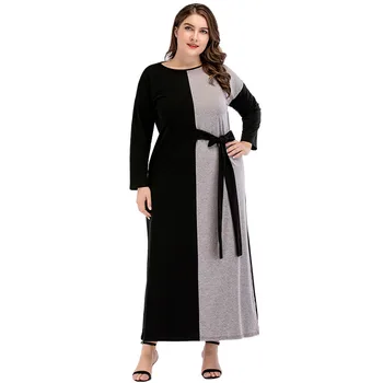 

Chiffon Kaftan Big Yard Women's Middle East Muslim Women's Round Neck Contrast Belt Stitching Dresses Musliman Vestidos Ramadan