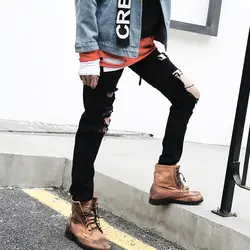 Новинка 2019 года; дизайнерские черные джинсы; обтягивающие рваные стрейчевый Облегающий Брюки в стиле хип-хоп