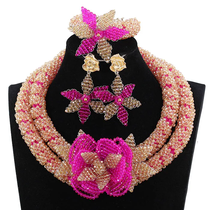 Cute Gold With Fuchsia Pink Flower Wedding Jewelry Sets For Brides