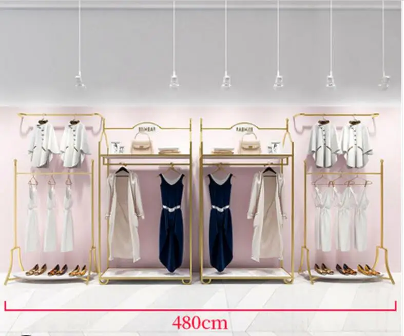 Europe type gold dress shop rack rack high grade clothes rack shoes bag double layer clothing display rack - Цвет: 16