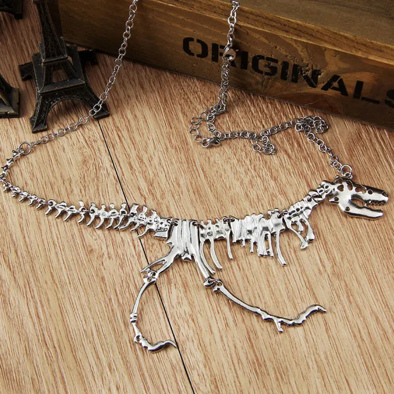 

Hot 1 Pcs New For Women Cooling Walking Dinosaur Bones Skeleton Pendant Necklace Metal Skull Chain Alloy Black Silver Gold 2019