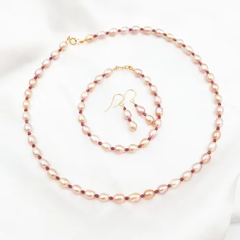 

High Luster AA+ Purple Pink Freshwater Pearl Shining Faceted Garnet 925 Sterling Silver Jewelry Set Bracelet 7''/18cm