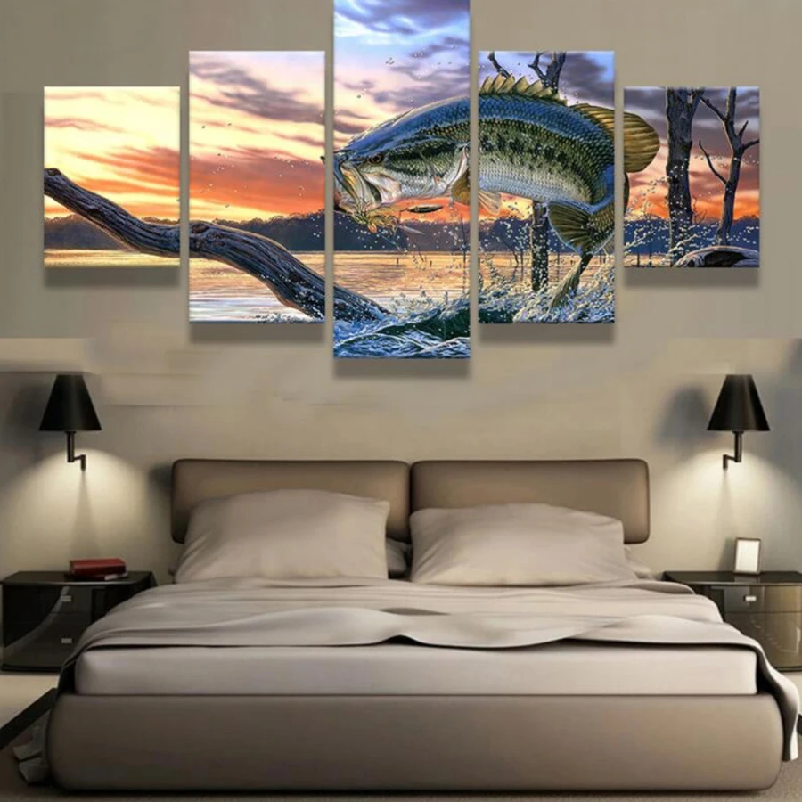 

5 panels Printed Jumping BASS Fish Painting canvas prints poster for living room home decor frame art