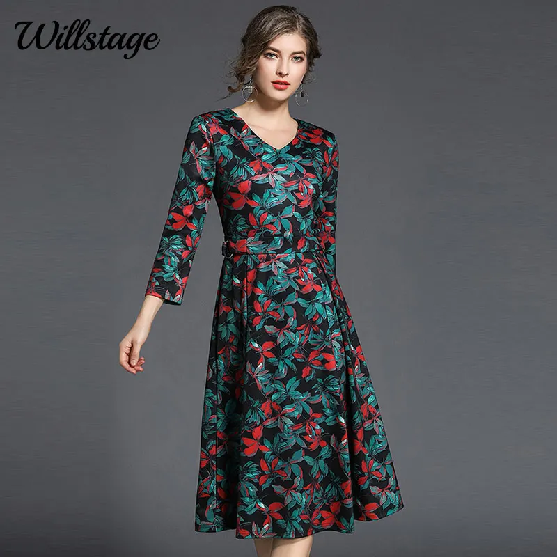 

Willstage Vintage Dress Floral Printed Pattren Mid Dresses Women V-neck Elegant Party Vestidos Long Sleeve 2018 Autumn Clothes