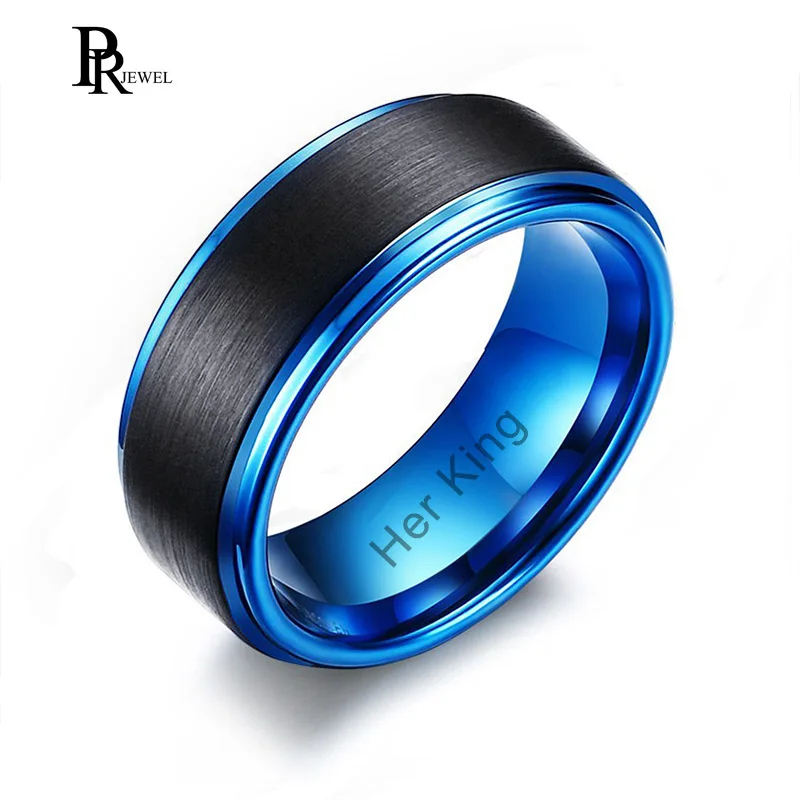 cheap Custom Her King Name Date Love Info Wedding Rings for Men Free Engrave Blue Color Stainless Steel Man Ring Matte Finished anillo