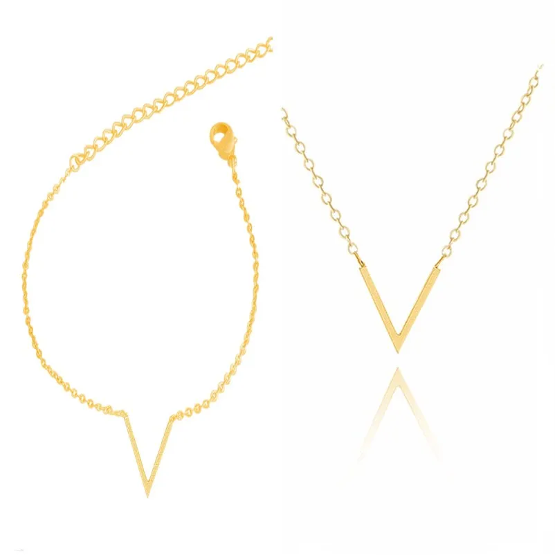 Simple Letter V Jewelry Sets Gold color Stainless Steel Charm Bracelet